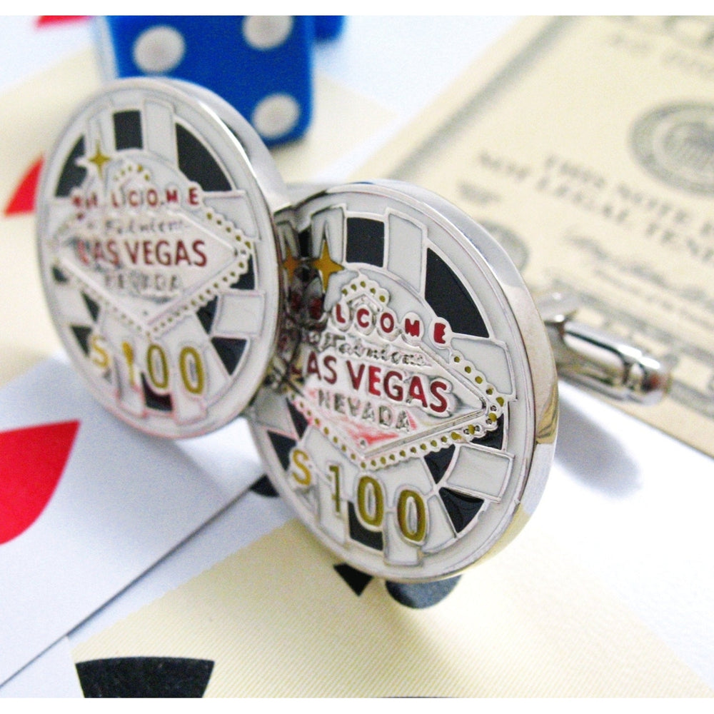Las Vegas Chip Cufflinks Silver Toned Black and Red Enamel Lucky Charm Poker Chip Fun Cuff Links Image 2