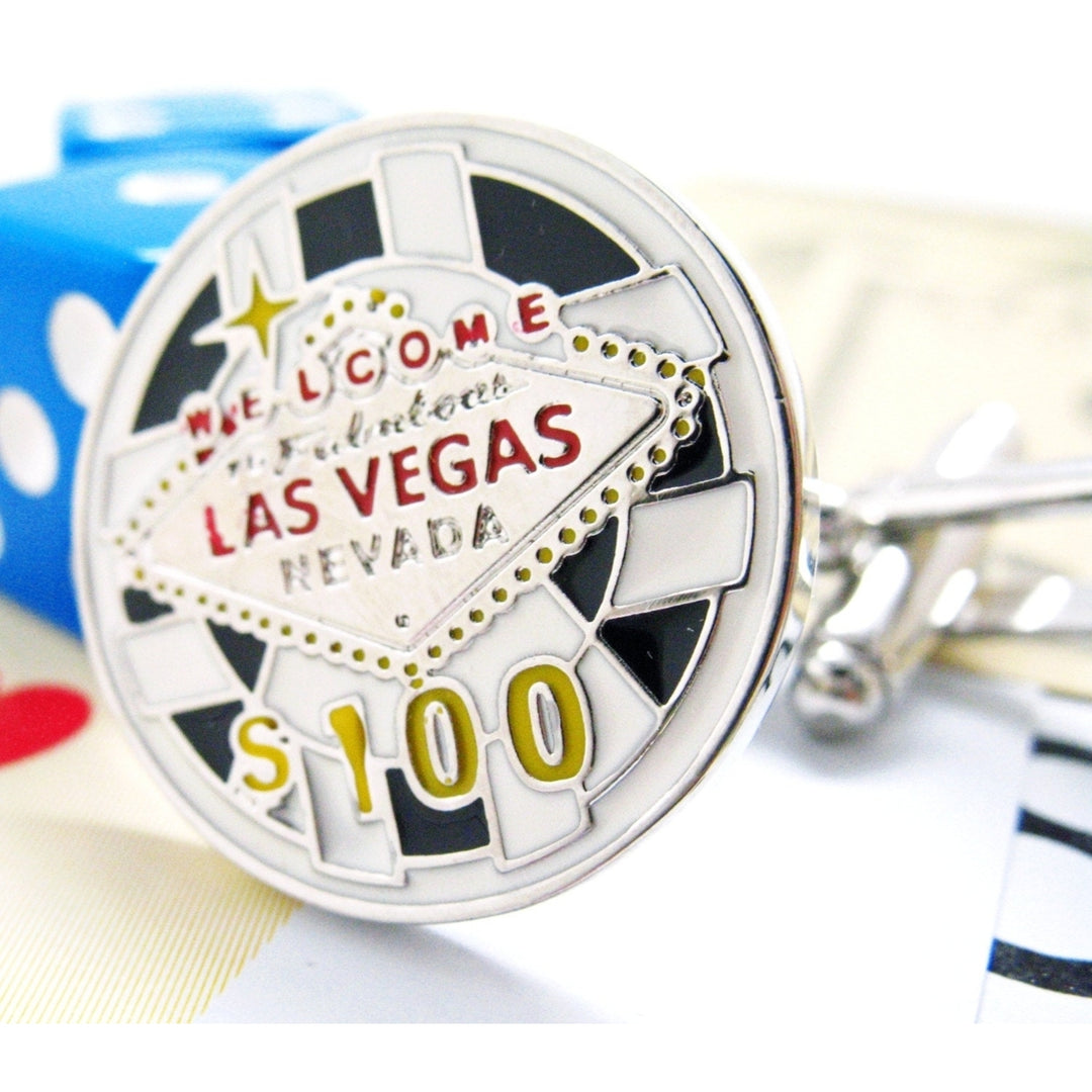 Las Vegas Chip Cufflinks Silver Toned Black and Red Enamel Lucky Charm Poker Chip Fun Cuff Links Image 4