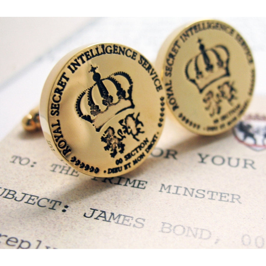 Spy Cufflinks Mens Cuff Link Secret Intelligence Service Super Spy Collection Royal Gold Toned Crest Cuff Links Comes Image 1