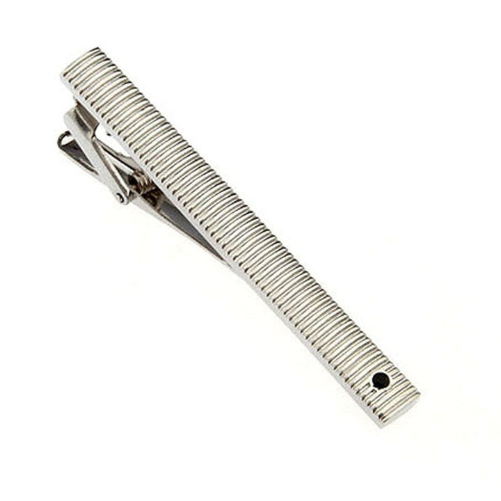 Etched Repeating Stripes with Black Crystal Men Tie Clip Tie Bar Silver Tone Very Cool Comes with Gift Box Image 1