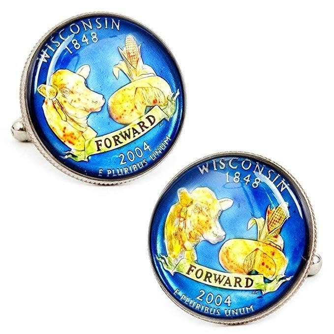 Enamel Cufflinks Hand Painted Wisconsin State Quarter Enamel Coin Jewelry Money Currency Finance Cow Cheese Cuff Links Image 1