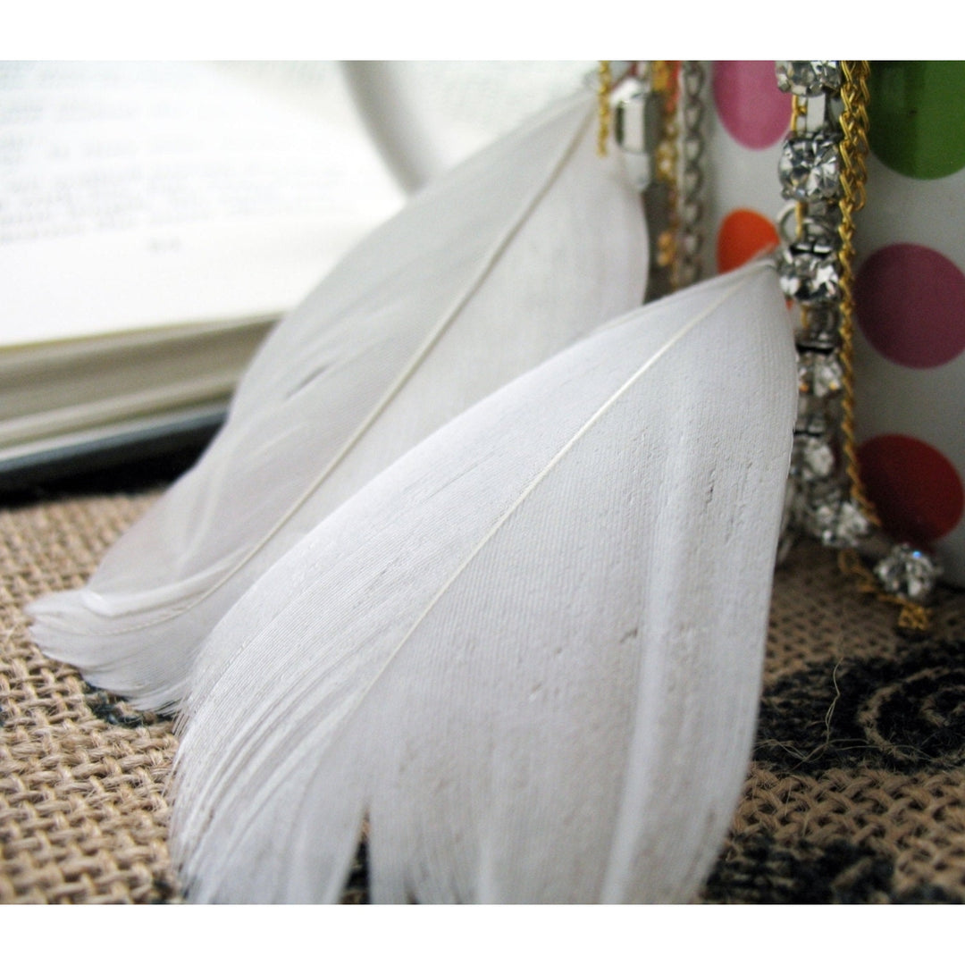 White Feather Earrings Silver Sparkling Crystals Fan Gold Chains Earrings Womens Jewelry Image 4