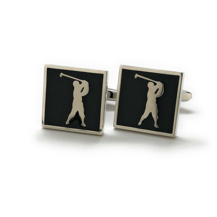 Heavy Thick Golf Cufflinks Silver Tone with Black Enamel for the Love of the Game Cuff Links Comes with Gift Box Image 1