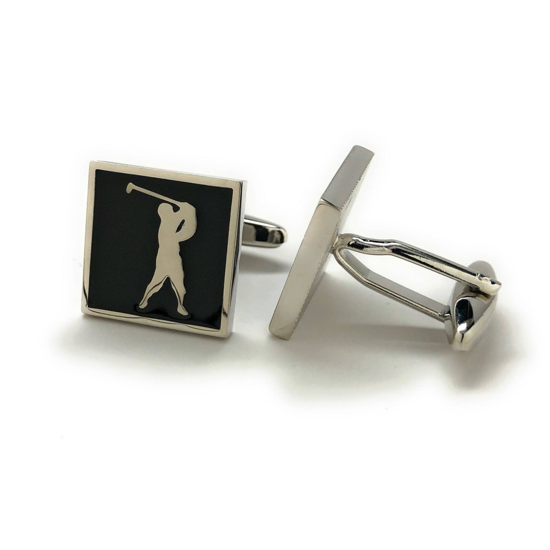 Heavy Thick Golf Cufflinks Silver Tone with Black Enamel for the Love of the Game Cuff Links Comes with Gift Box Image 2