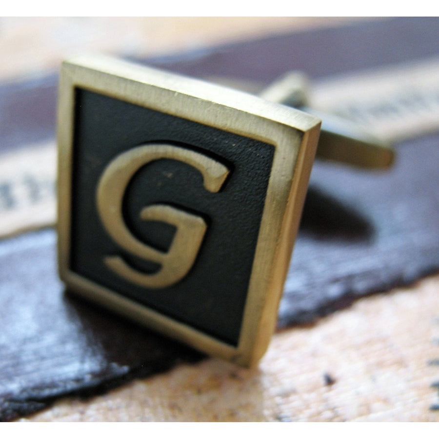 G Initial Cufflinks Antique Brass Square 3-D Letter Vintage English Lettering Cuff Links Groom Father Bride Wedding  Box Image 1