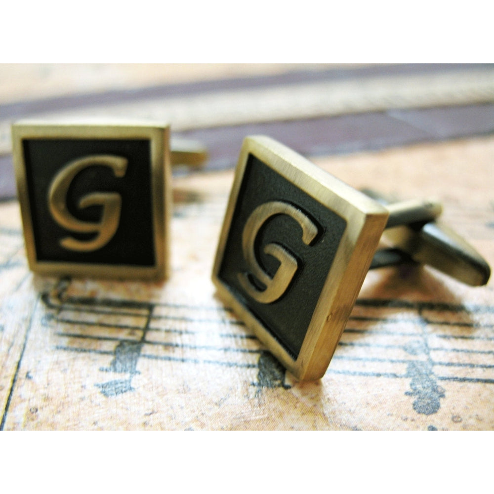 G Initial Cufflinks Antique Brass Square 3-D Letter Vintage English Lettering Cuff Links Groom Father Bride Wedding  Box Image 2