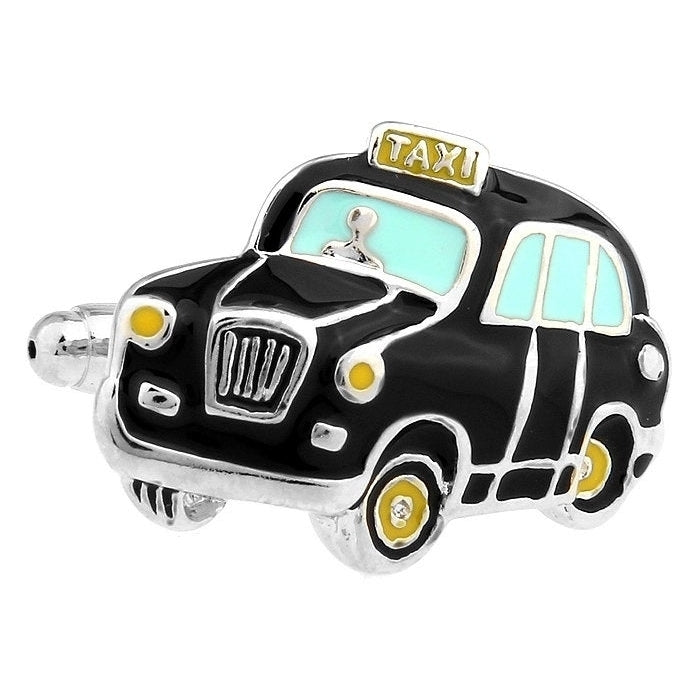 Taxicab Cufflinks London Cartoon Transportation Collection Big City Black Enamel Taxi Car Fun Cuff Links Image 1