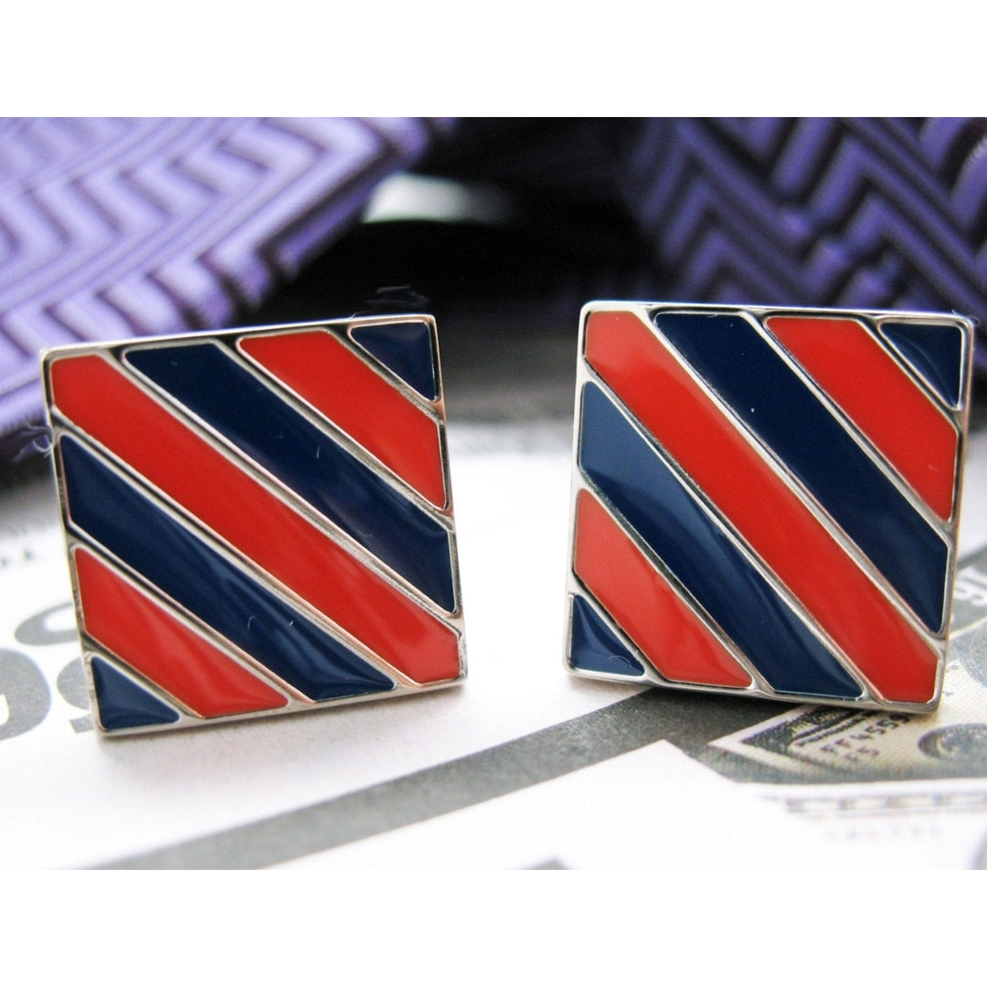 Daily Gent Cufflinks Orange and Navy Stripes Classic Tile Silver Tone Cuff Links Image 1