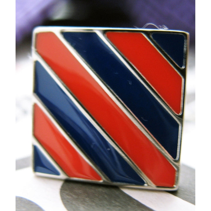 Daily Gent Cufflinks Orange and Navy Stripes Classic Tile Silver Tone Cuff Links Image 3