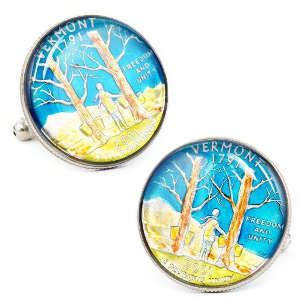 Coin Cufflinks Hand Painted Vermont State Quarter Enamel Coin Jewelry Money Currency Finance Trees Cuff Links Designer Image 1