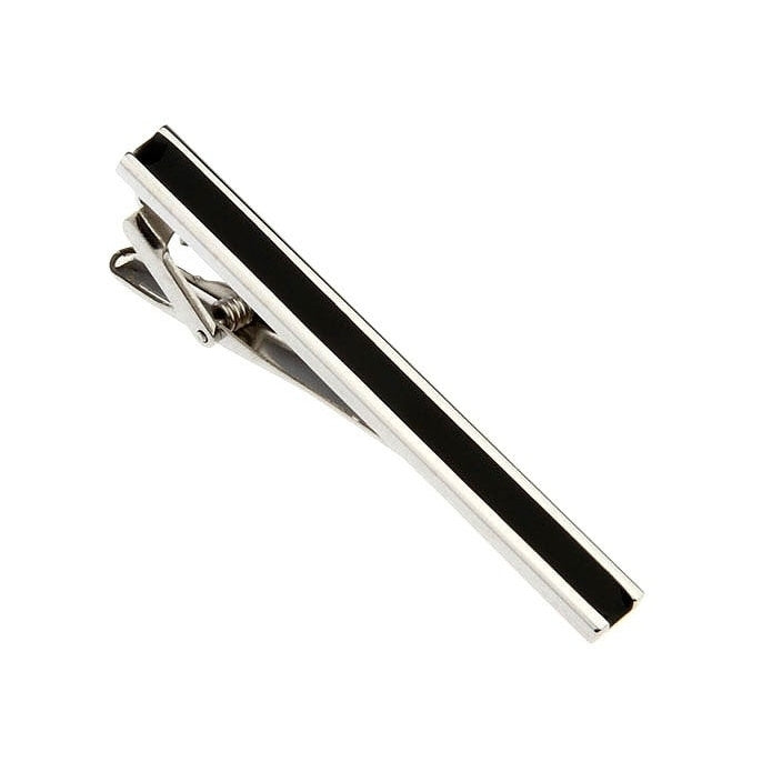 Silver Black Channel Enamel Inlaid Classic Mens Tie Clip Tie Bar Silver Tone Very Cool Comes with Gift Box Image 1