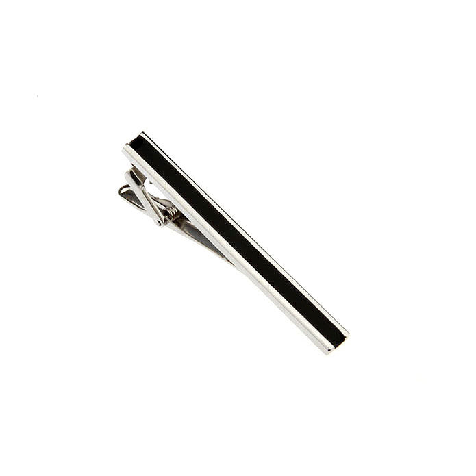 Silver Black Channel Enamel Inlaid Classic Mens Tie Clip Tie Bar Silver Tone Very Cool Comes with Gift Box Image 2