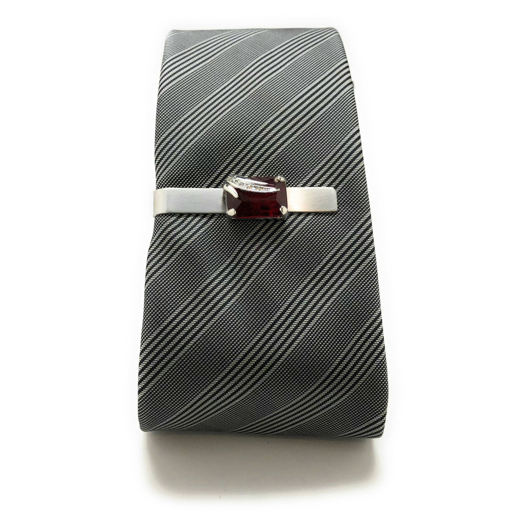 Jeremiah Bloodstone Tie Bar Elite Cut Red Crystal Silver Wing Band White Crystals Super Cool Unique Tie Clip Fathers Day Image 3