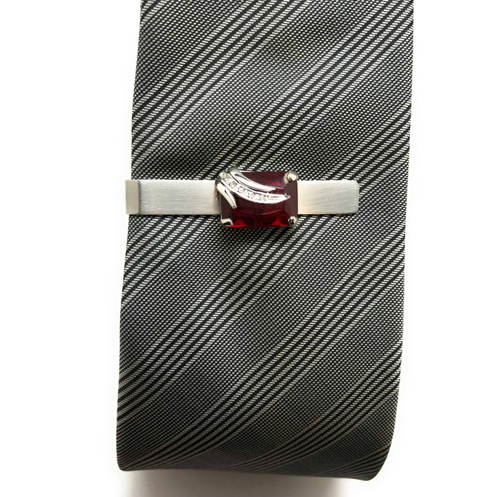 Jeremiah Bloodstone Tie Bar Elite Cut Red Crystal Silver Wing Band White Crystals Super Cool Unique Tie Clip Fathers Day Image 4