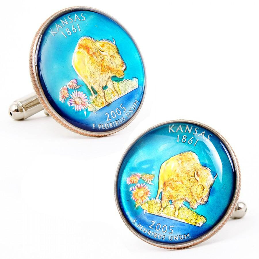 Enamel Cufflinks Hand Painted Kansas State Quarter Enamel Coin Jewelry Money Currency Finance Accountant Cuff Links Image 1
