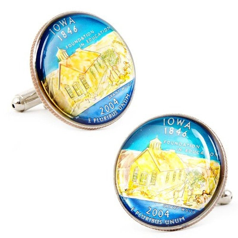 Enamel Cufflinks Hand Painted Iowa State Quarter Enamel Coin Jewelry Money Currency Finance Accountant Cuff Links Image 1