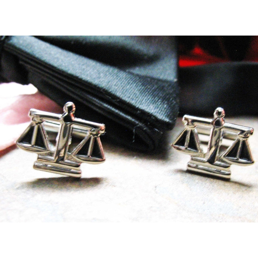 Scales of Justice Cufflinks Judge Law Lawyer Unique Silver Tone Cutout Black Enamel Cuff Links Image 1