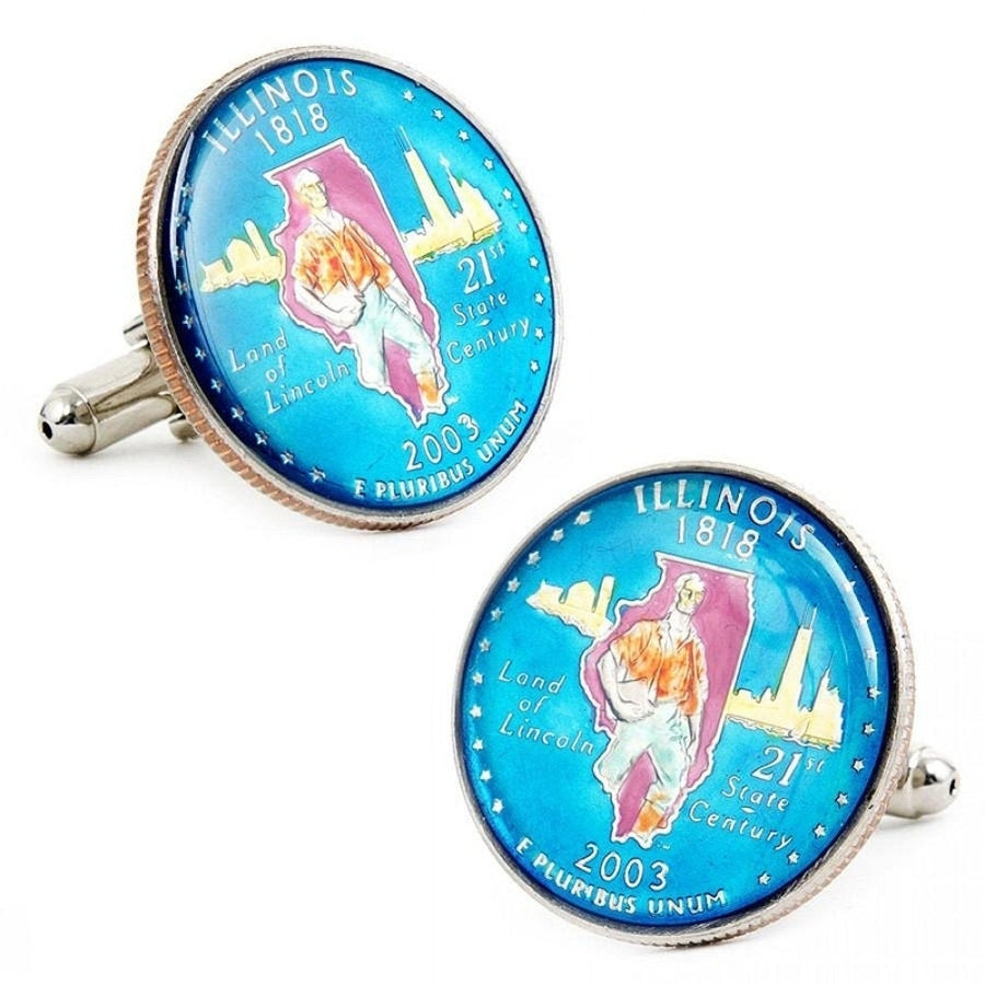 Enamel Cufflinks Hand Painted Illinois State Quarter Enamel Coin Jewelry Currency Finance Accountant Cuff Links Designer Image 1