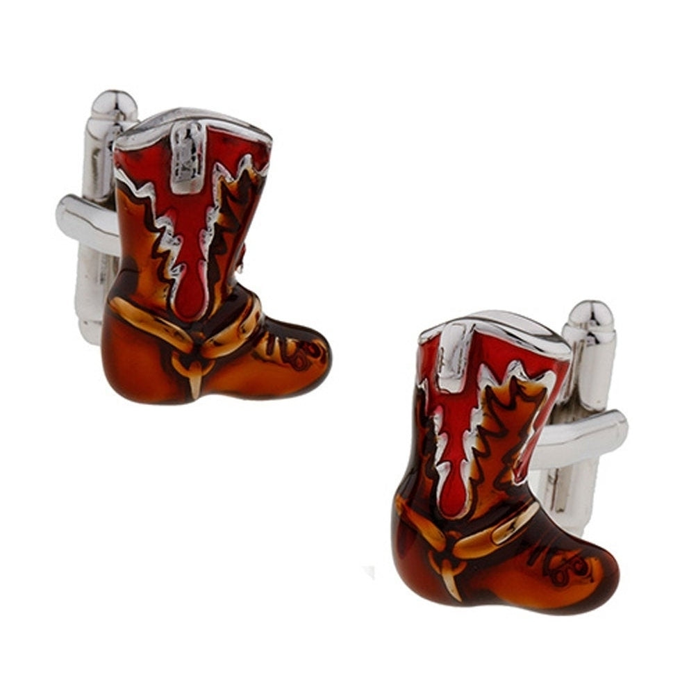 Western Cowboy Boots Cufflinks Antique Color Red Brown Enamel Boot Cuff Links Image 1