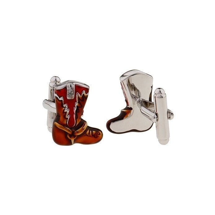 Western Cowboy Boots Cufflinks Antique Color Red Brown Enamel Boot Cuff Links Image 2