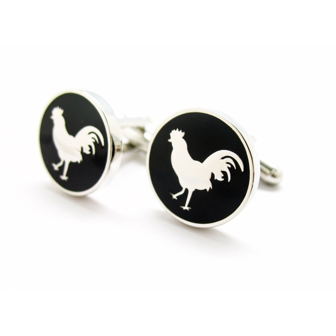 Rooster Cufflinks Silver tone with Black Enamel Cuff Links Image 1