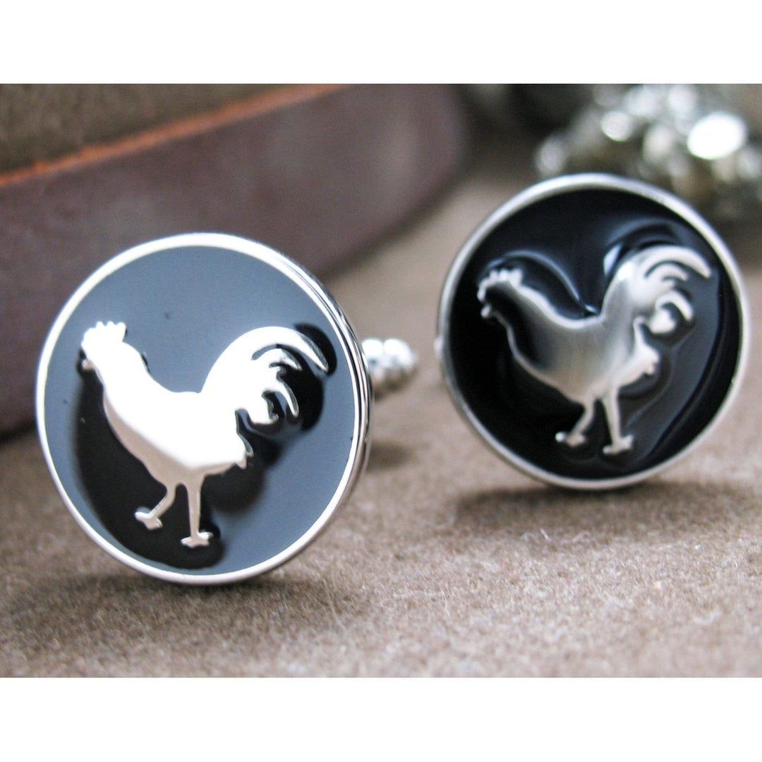 Rooster Cufflinks Silver tone with Black Enamel Cuff Links Image 2