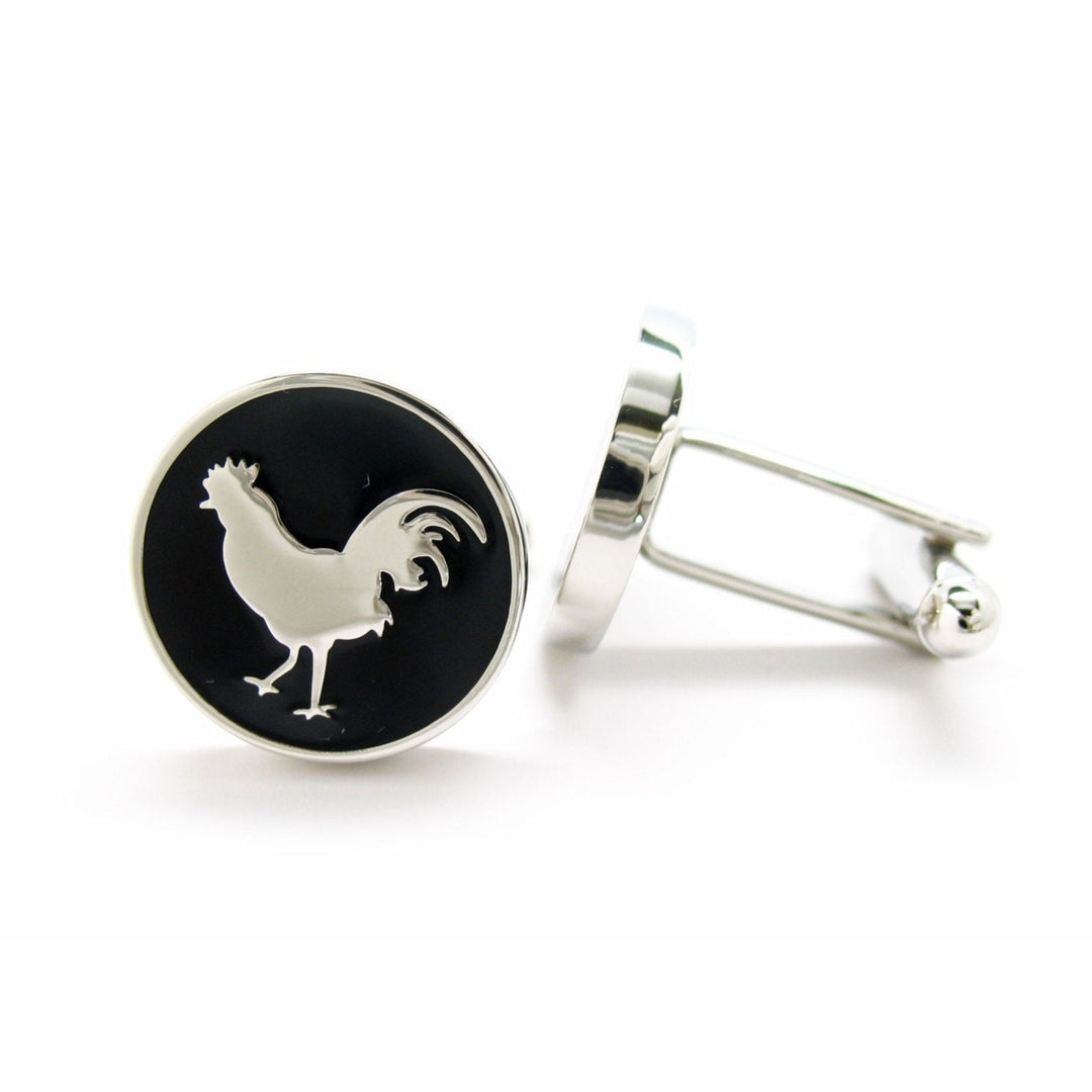 Rooster Cufflinks Silver tone with Black Enamel Cuff Links Image 3