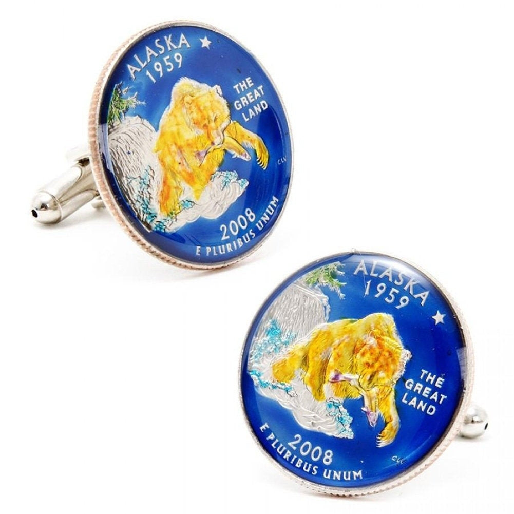 Enamel Cufflinks Hand Painted Alaska State Quarter Grizzly Bear Enamel Coin Jewelry Money Currency Finance Accountant Image 1