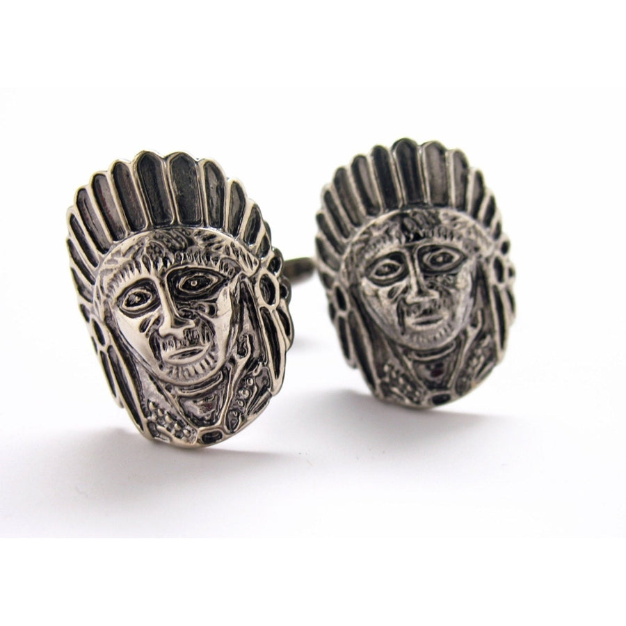 Warrior Chief Cufflinks Pewter Tone Native American Links White Elephant Gifts Image 1