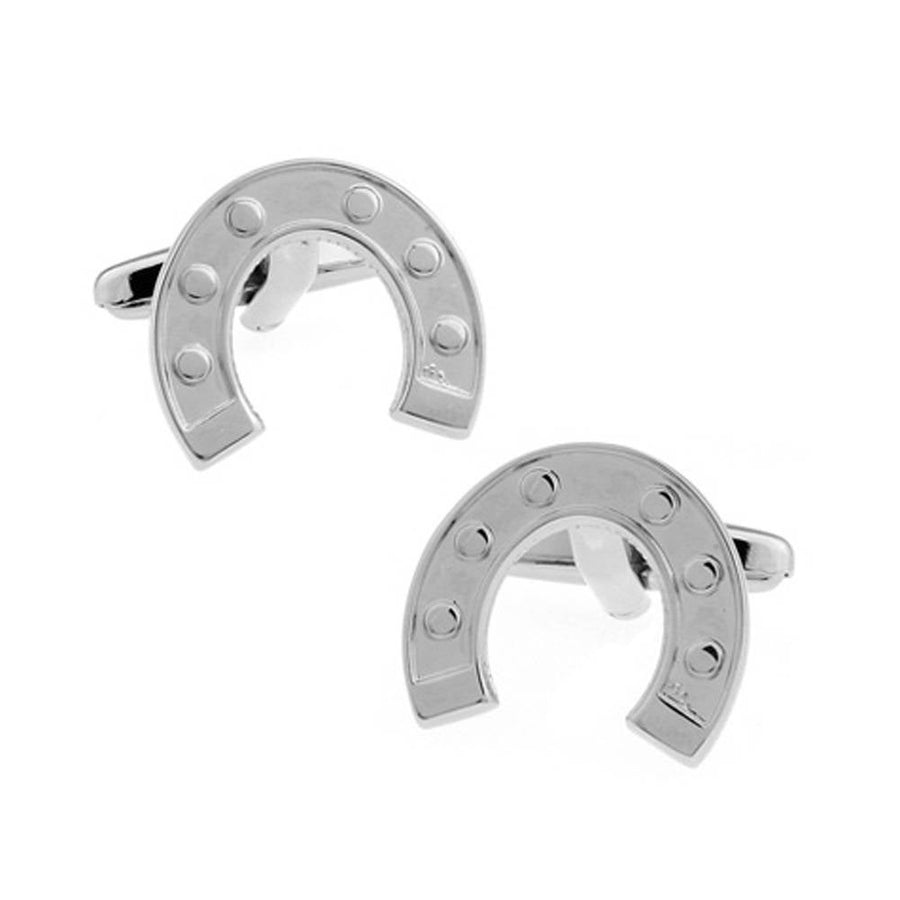 Matte Silver Lucky Horseshoe Cufflinks Fun Cool Good Luck Winning Horse Charms Cuff Links Comes with Gift Box Image 1