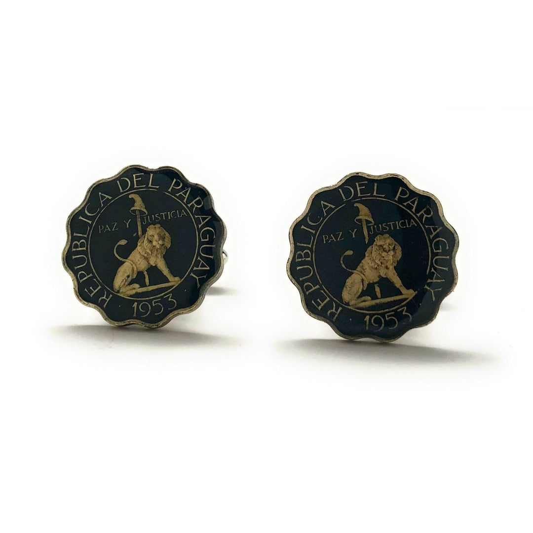 Enamel Cufflinks Hand Painted Paraguay Lion Cufflinks Old Coin Money Black Enamel Cuff Links Cool Guy Gifts Collector Image 1