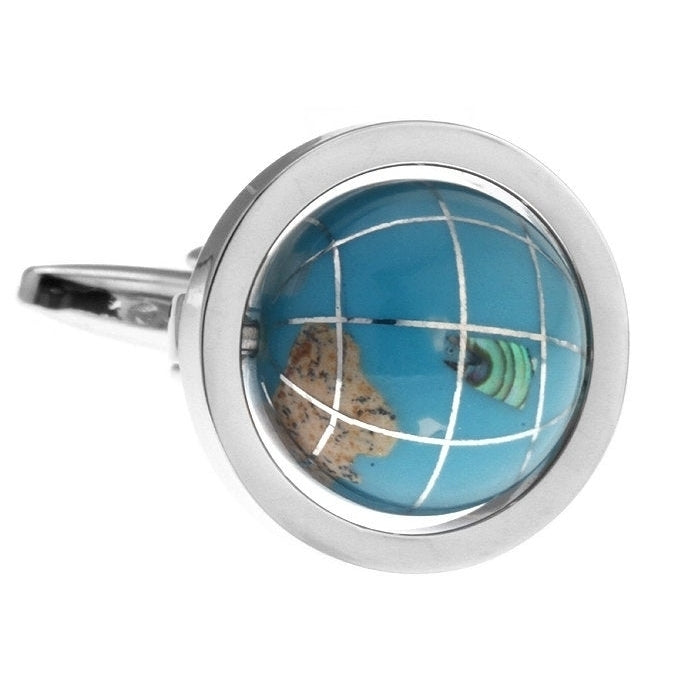 Mens Executive Travel the Blue Planet Earth Rotating World Globe Cufflinks Cuff Links Image 2