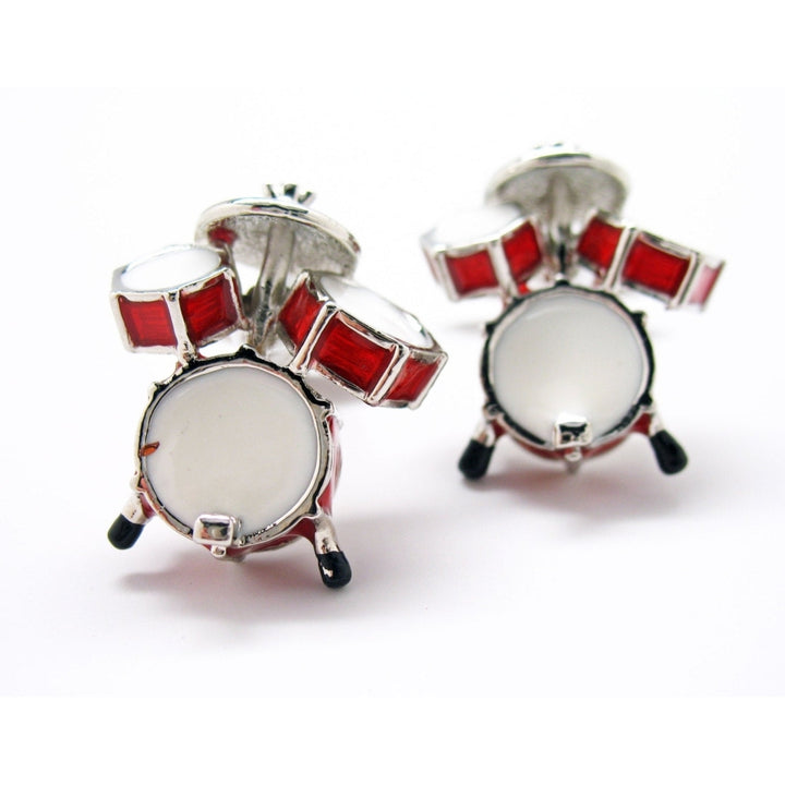Drum Set  Cufflinks Ultimate Drummer Red and White Enamel Drums Bullet Post Cuff Links Image 1