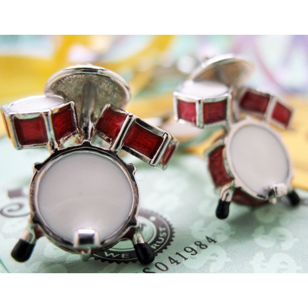 Drum Set  Cufflinks Ultimate Drummer Red and White Enamel Drums Bullet Post Cuff Links Image 2