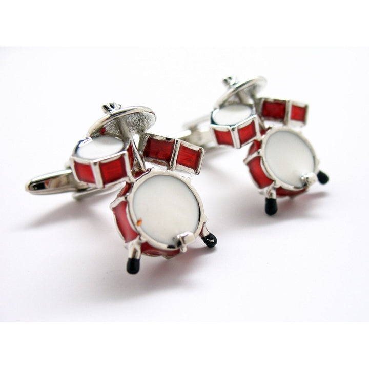 Drum Set  Cufflinks Ultimate Drummer Red and White Enamel Drums Bullet Post Cuff Links Image 3