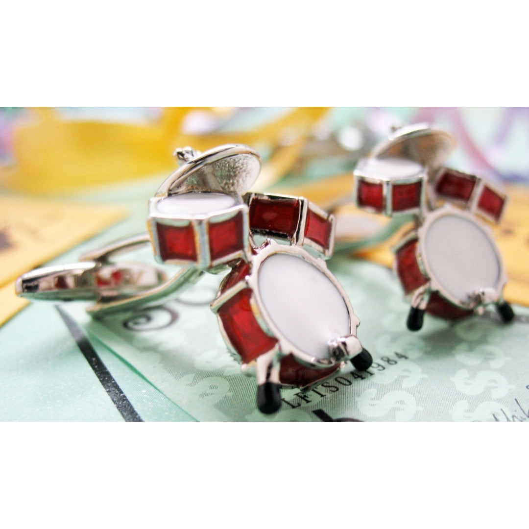 Drum Set  Cufflinks Ultimate Drummer Red and White Enamel Drums Bullet Post Cuff Links Image 4