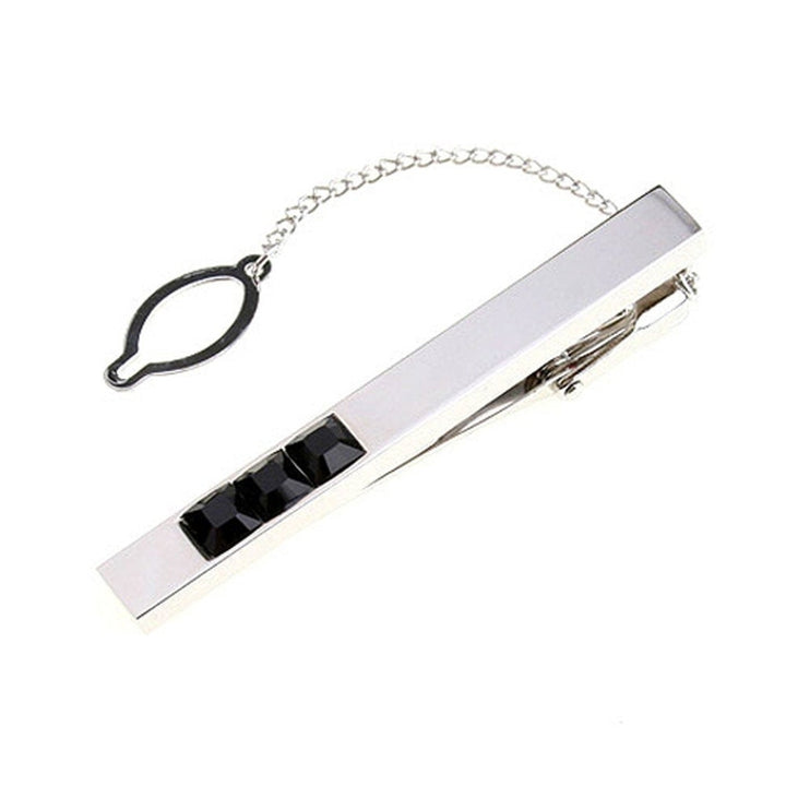 Gleaming Silver with Three Jet Crystal Inset Tie Clip Button Chain Tie Bar Silver Tone Very Cool Comes with Gift Box Image 1