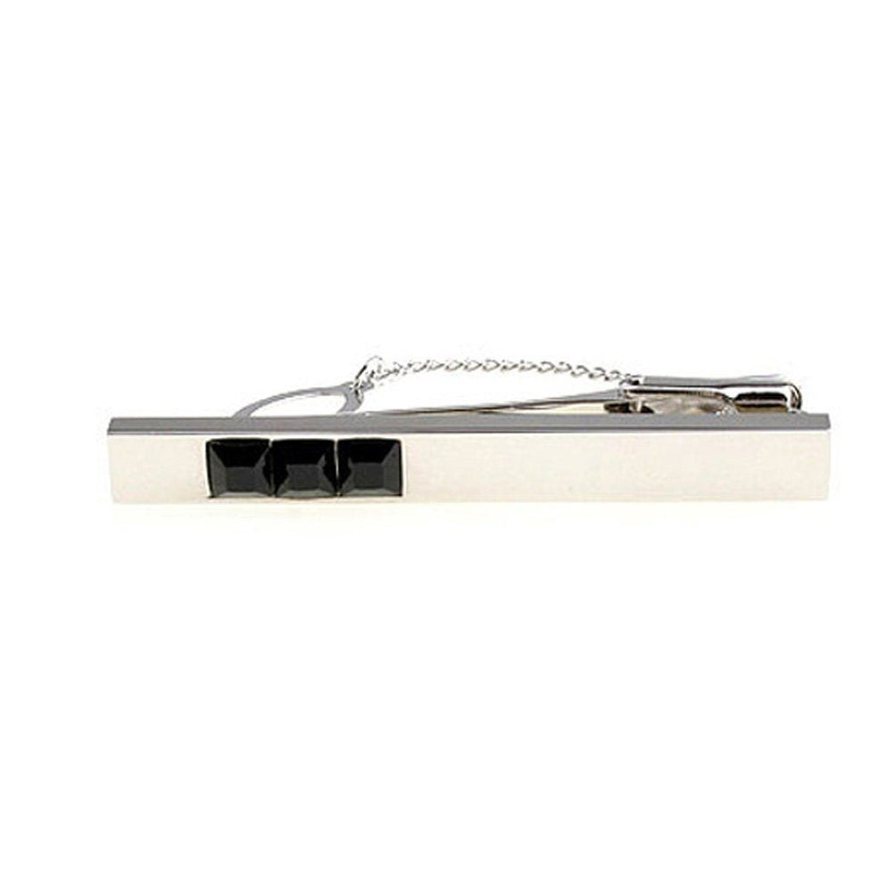 Gleaming Silver with Three Jet Crystal Inset Tie Clip Button Chain Tie Bar Silver Tone Very Cool Comes with Gift Box Image 2