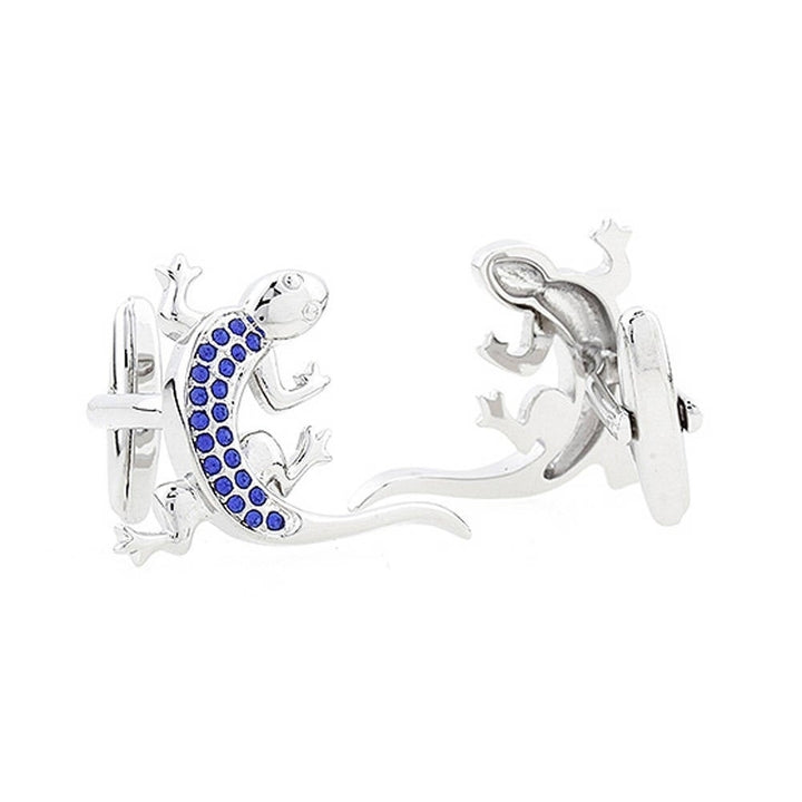 Silver Montana Blue Crystals Gecko Lizard Cufflinks Unique 3D Design Cool Fun Cufflinks Comes with Gift Box Image 2