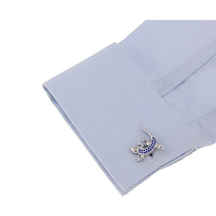 Silver Montana Blue Crystals Gecko Lizard Cufflinks Unique 3D Design Cool Fun Cufflinks Comes with Gift Box Image 3