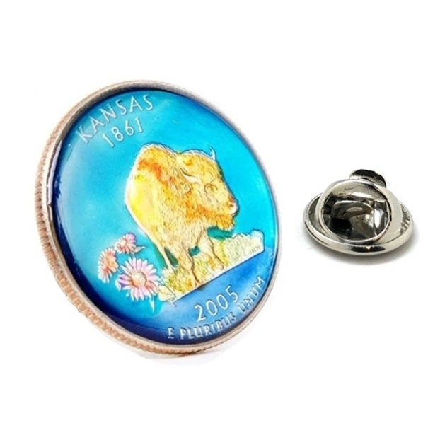 Enamel Pin Lapel Pin Tie Tac Hand Painted Kansas State Quarter Enamel Coin Lapel Blue Tack Buffalo Coins Cool Fun Image 1
