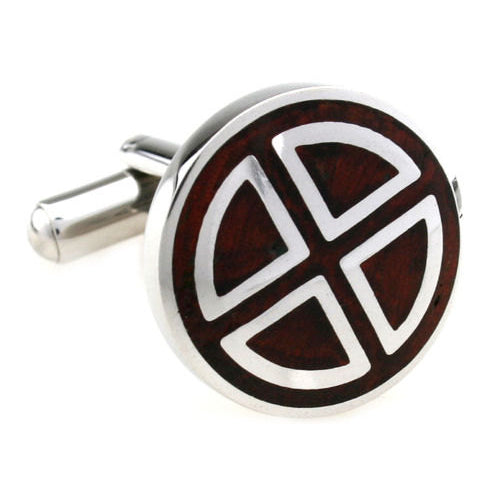 Shiny Silver Stainless Steel Cross Triangle with Cherry Wood Inlay Finish Cufflinks Image 1