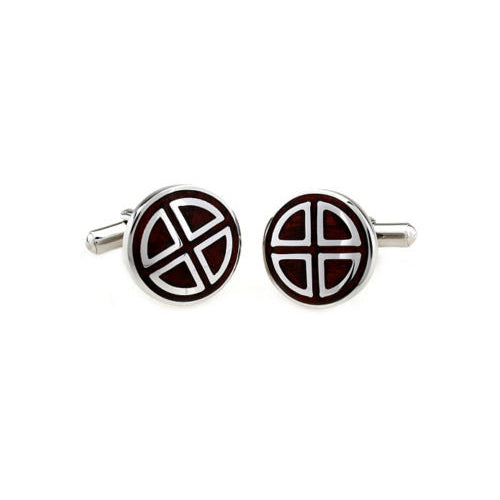 Shiny Silver Stainless Steel Cross Triangle with Cherry Wood Inlay Finish Cufflinks Image 2