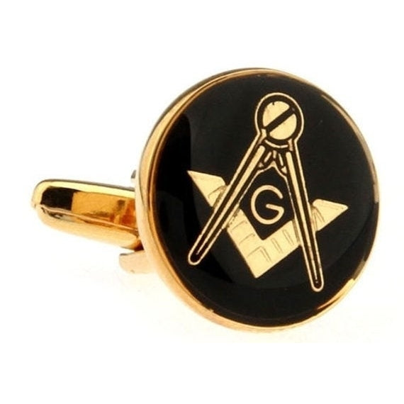 Mens Executive Cufflinks Gold Tone Black Enamel Round Mason Symbol Compass and Square Cufflinks Cuff Links Image 1
