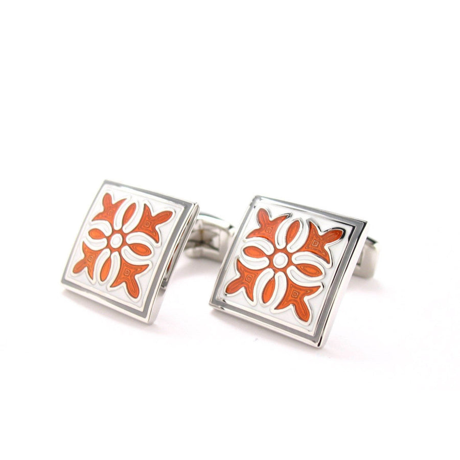 Burnt Orange Cufflinks Coral Spanish Bloom Tile Whale Tail Post Cufflinks Cuff Links Classic Style Dress Square White Image 1