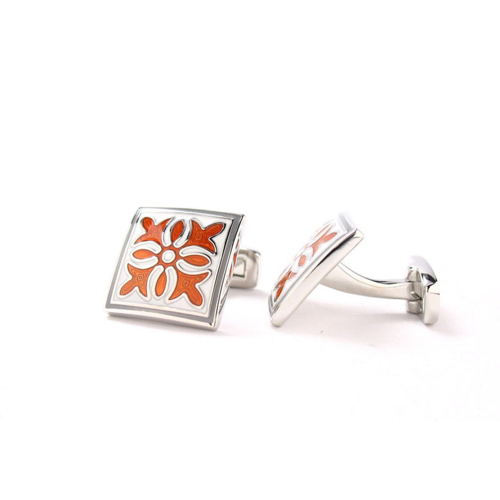 Burnt Orange Cufflinks Coral Spanish Bloom Tile Whale Tail Post Cufflinks Cuff Links Classic Style Dress Square White Image 2