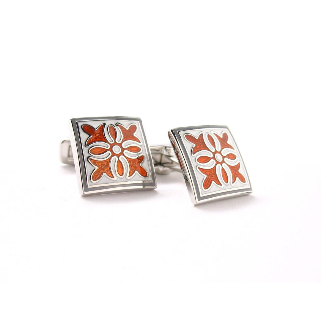 Burnt Orange Cufflinks Coral Spanish Bloom Tile Whale Tail Post Cufflinks Cuff Links Classic Style Dress Square White Image 3