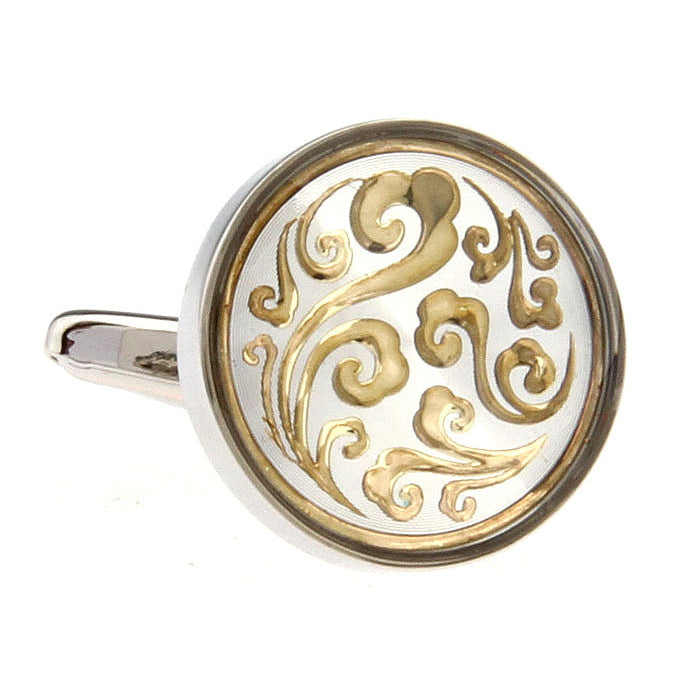 Floral Swirled Cufflinks Classic Silver Round Gold Toned Flowering Round Cuff Links Image 1