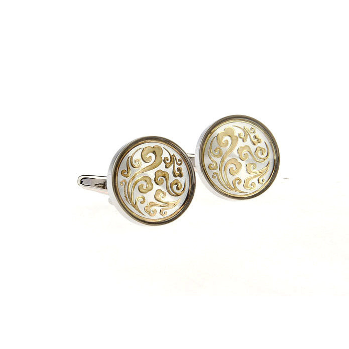 Floral Swirled Cufflinks Classic Silver Round Gold Toned Flowering Round Cuff Links Image 2