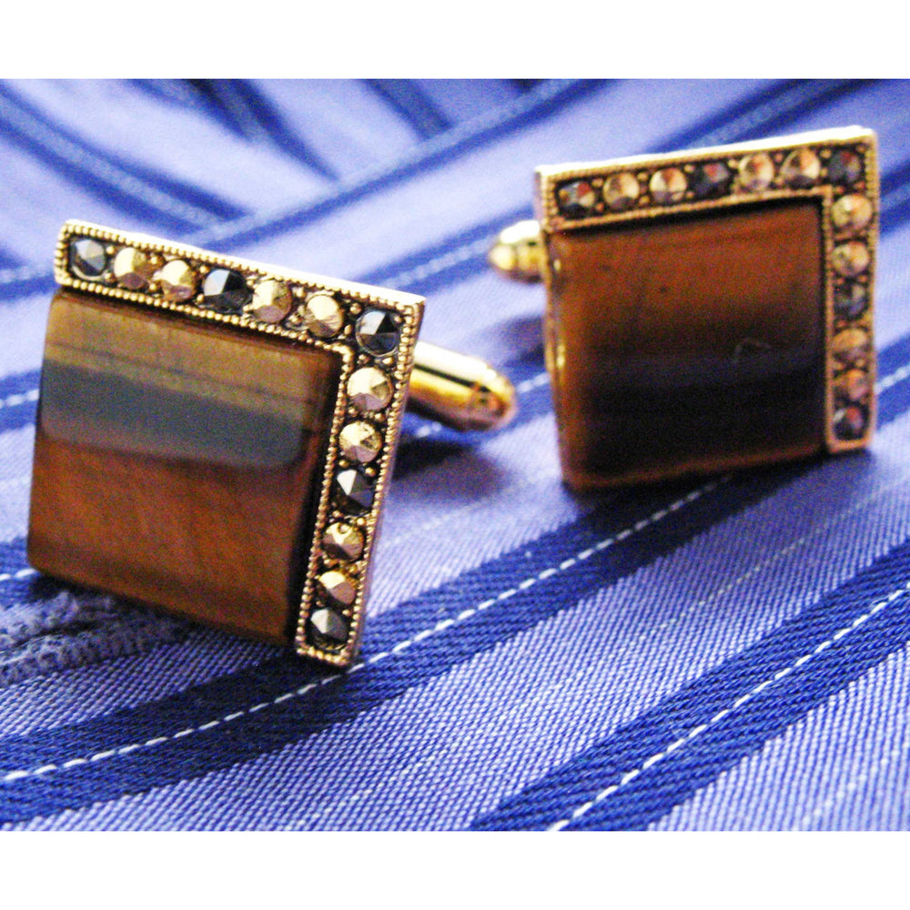 Tiger Eye Cufflinks Classic Gold Tone Antique Tigers Eye with Crystals Square Cufflink Image 2